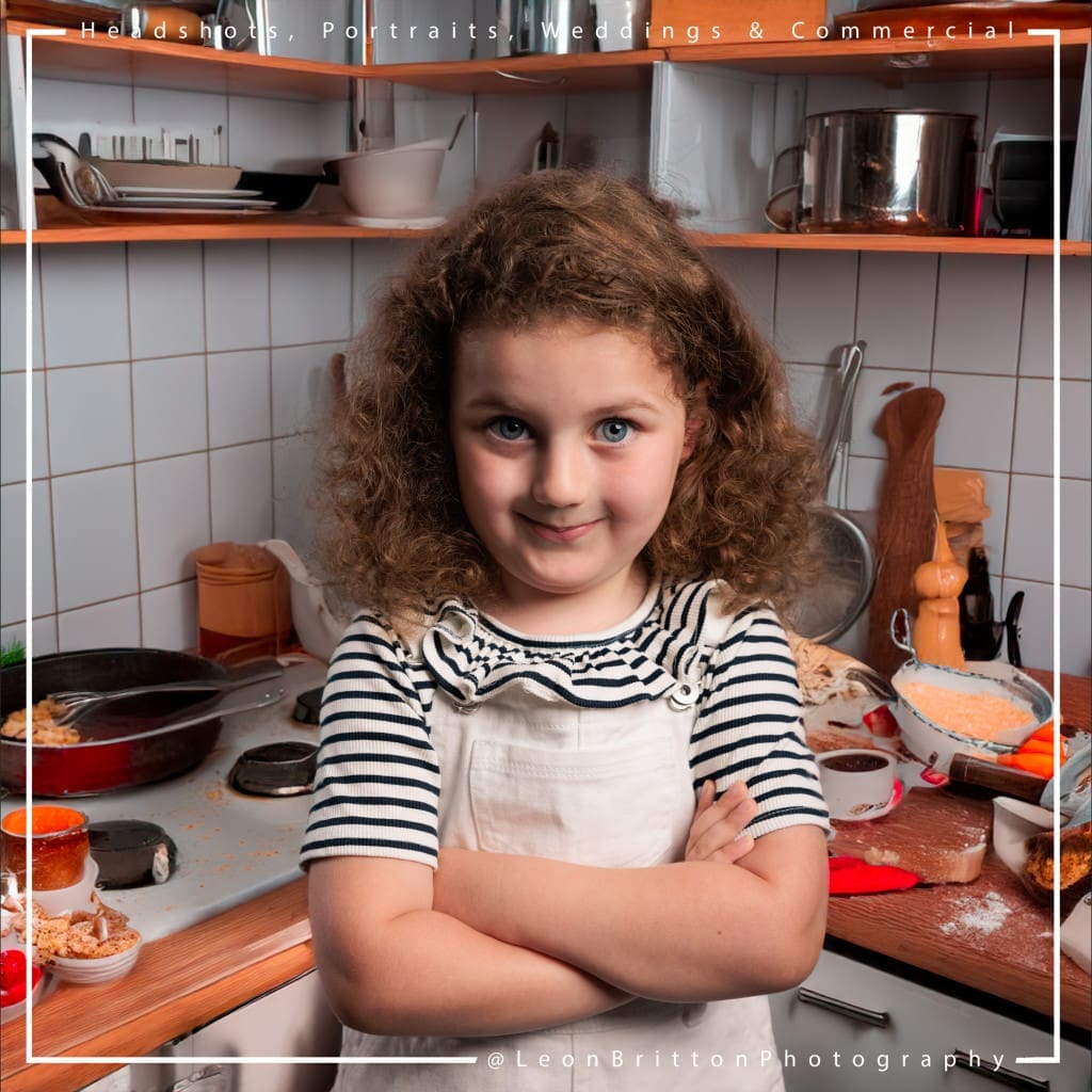 Young girl posing confidently in a kitchen setting, illustrating her character and curiosity