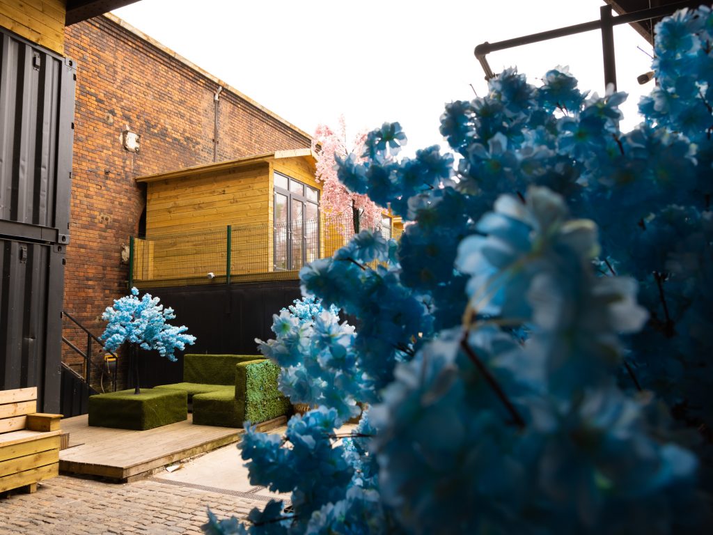 Secret Warehouse Kirkdale courtyard with blue blossom trees and astroturf seating